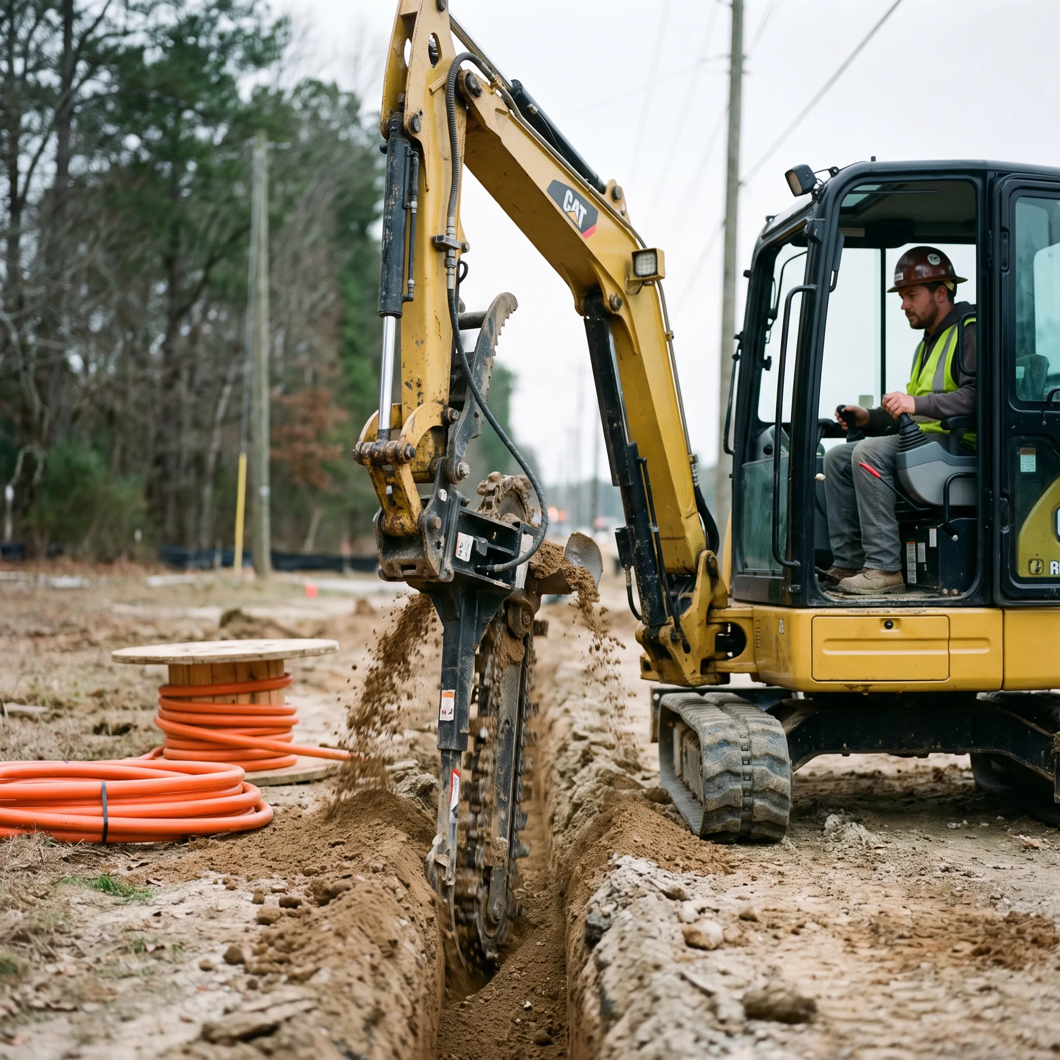 Utility contractors using excavator trenching equipment