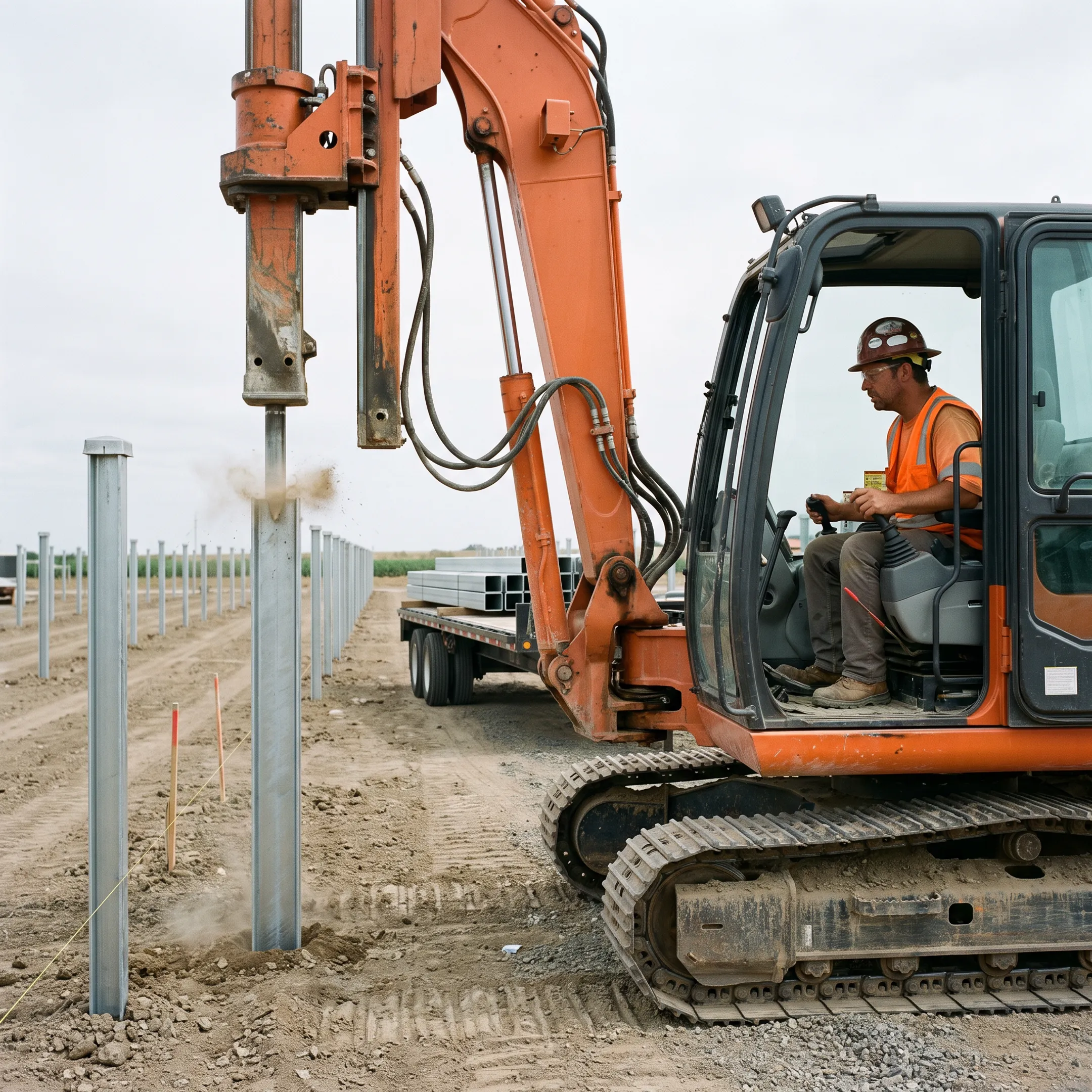 Pile driving equipment at a commercial solar site