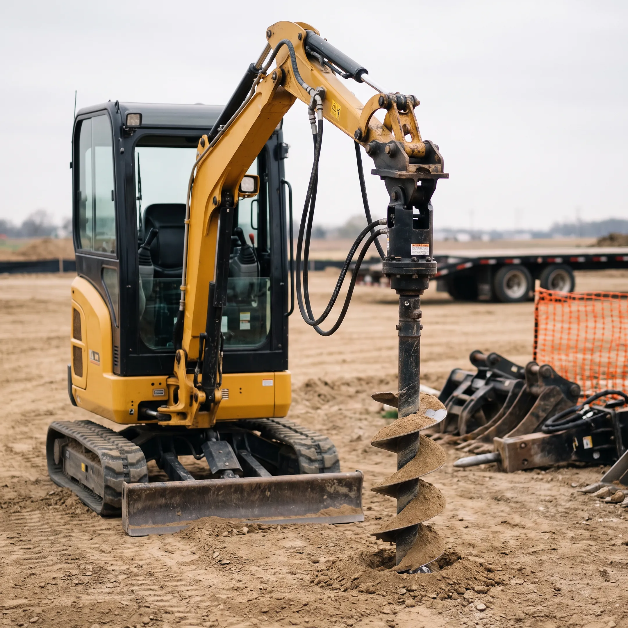 Excavation site clearing with an auger attachment