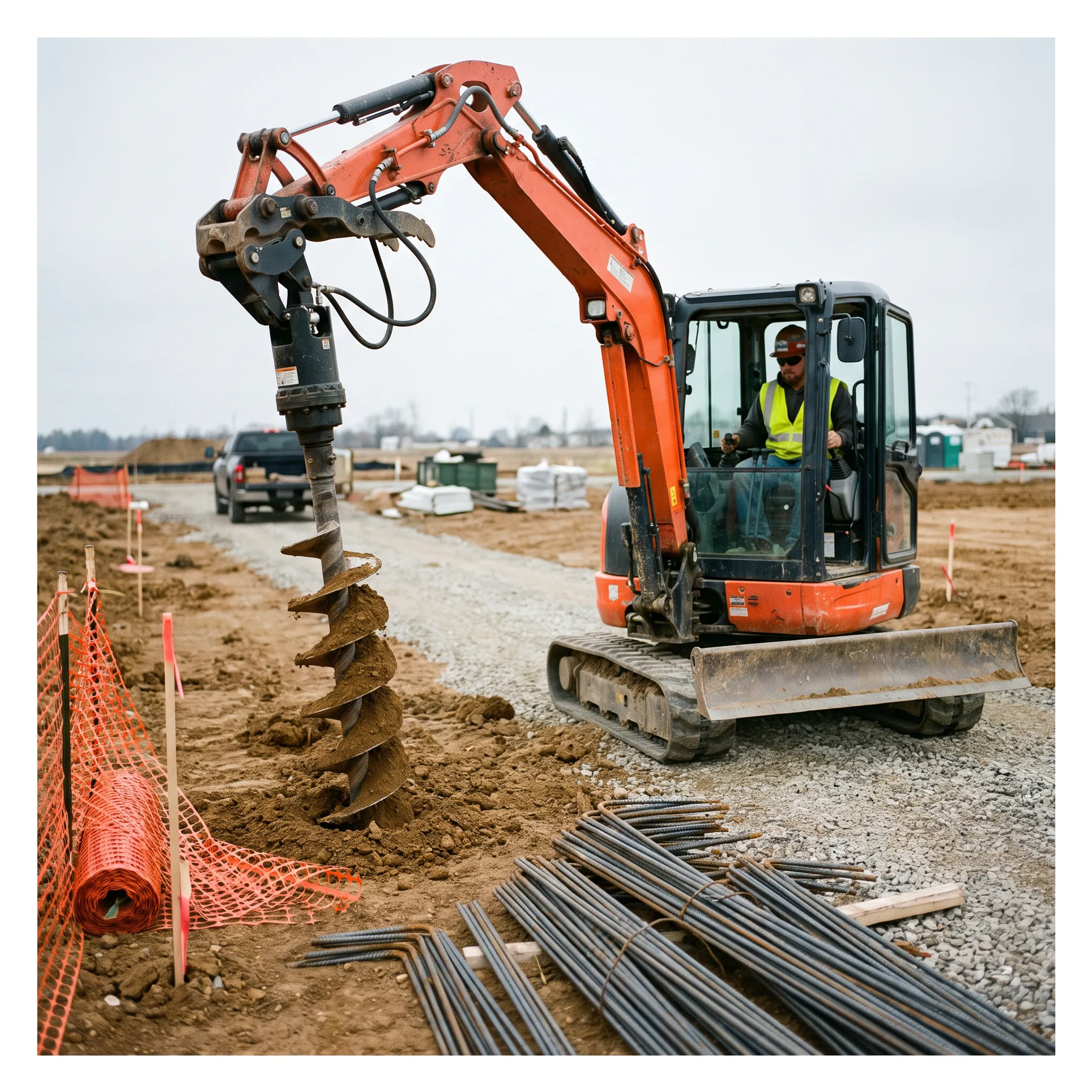 Foundation drilling with an excavator auger