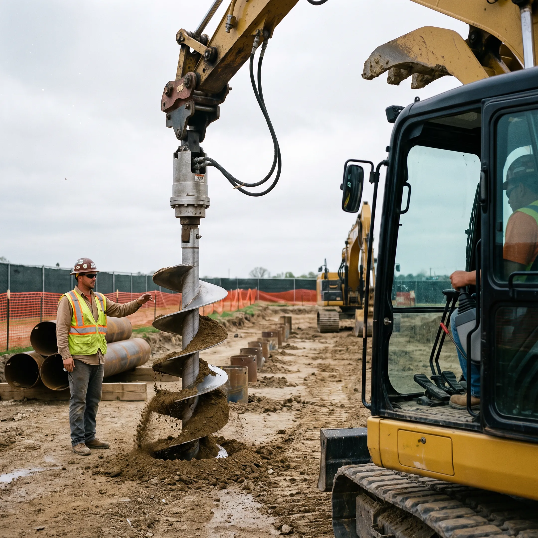 Pile installation preparation with an excavator auger