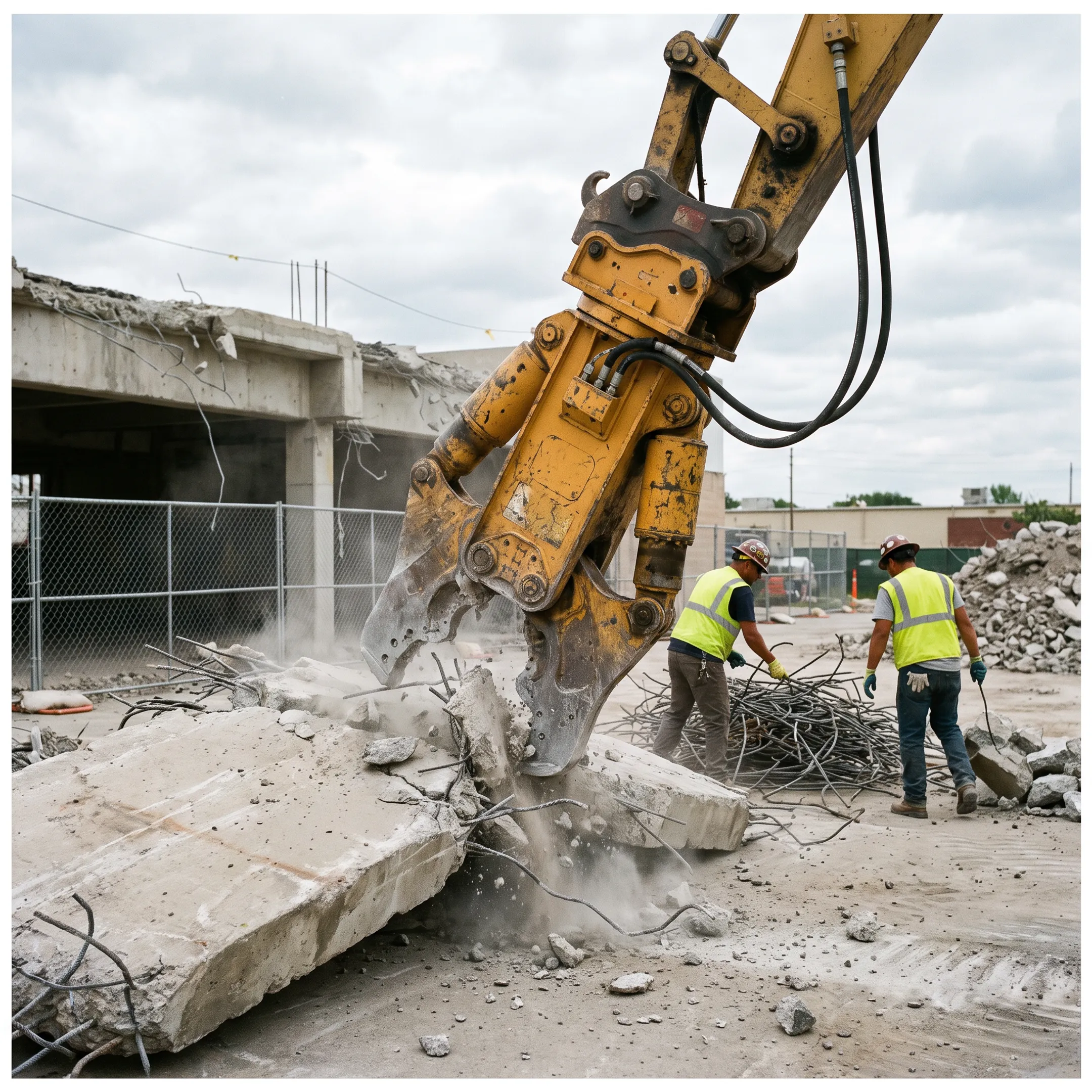 Demolition contractors using an excavator-mounted pulverizer