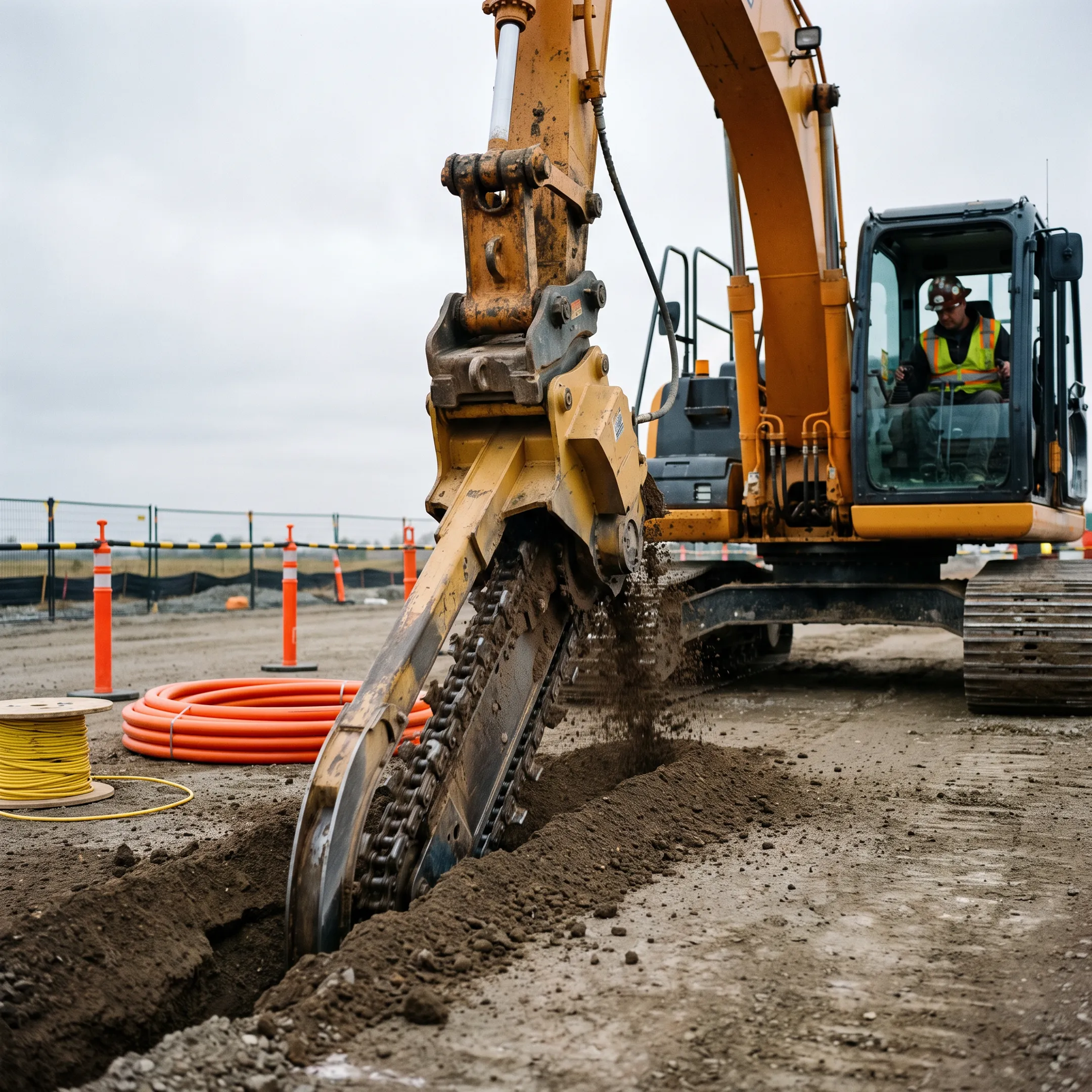 Utility contractor using a trencher attachment