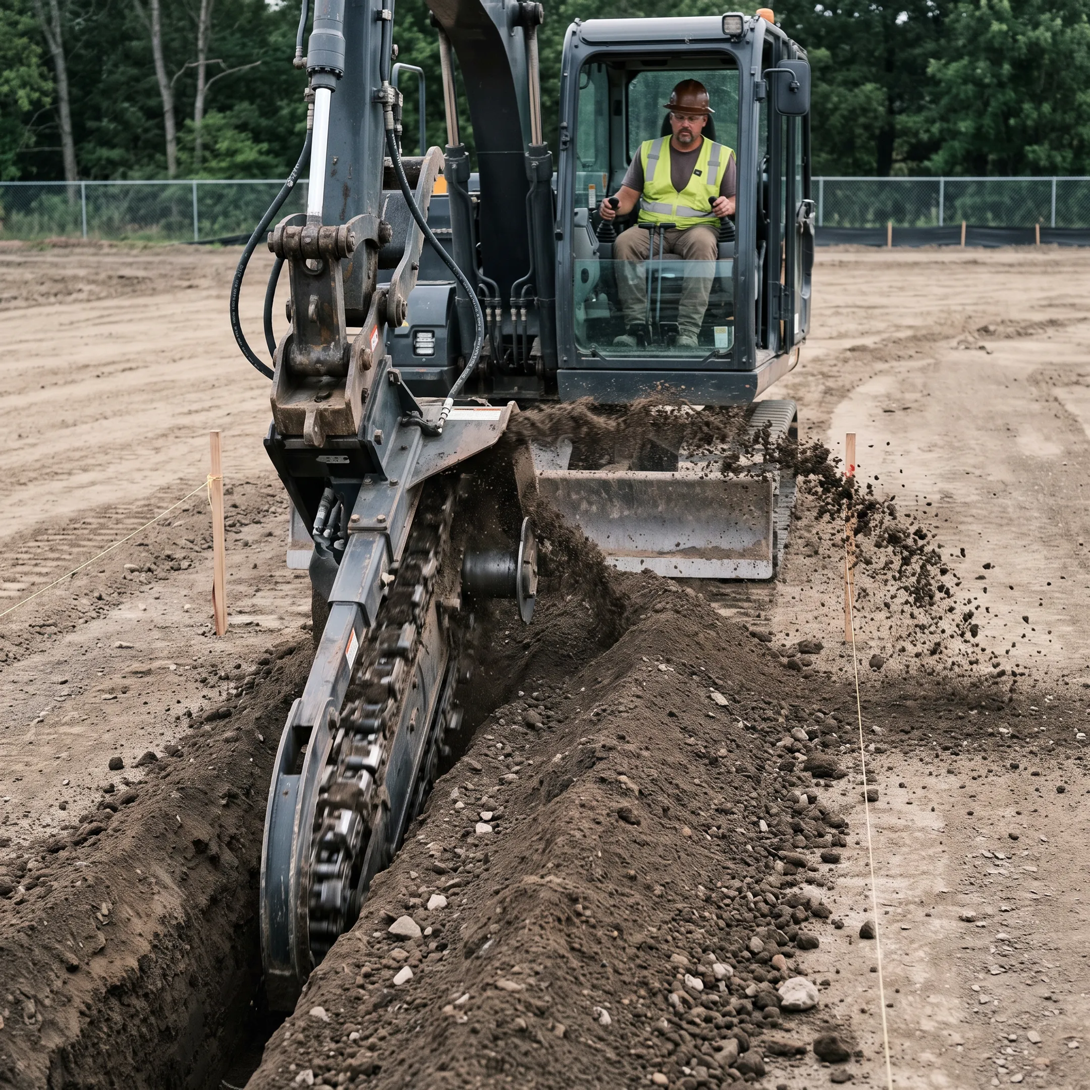 Excavation contractor operating a trencher attachment