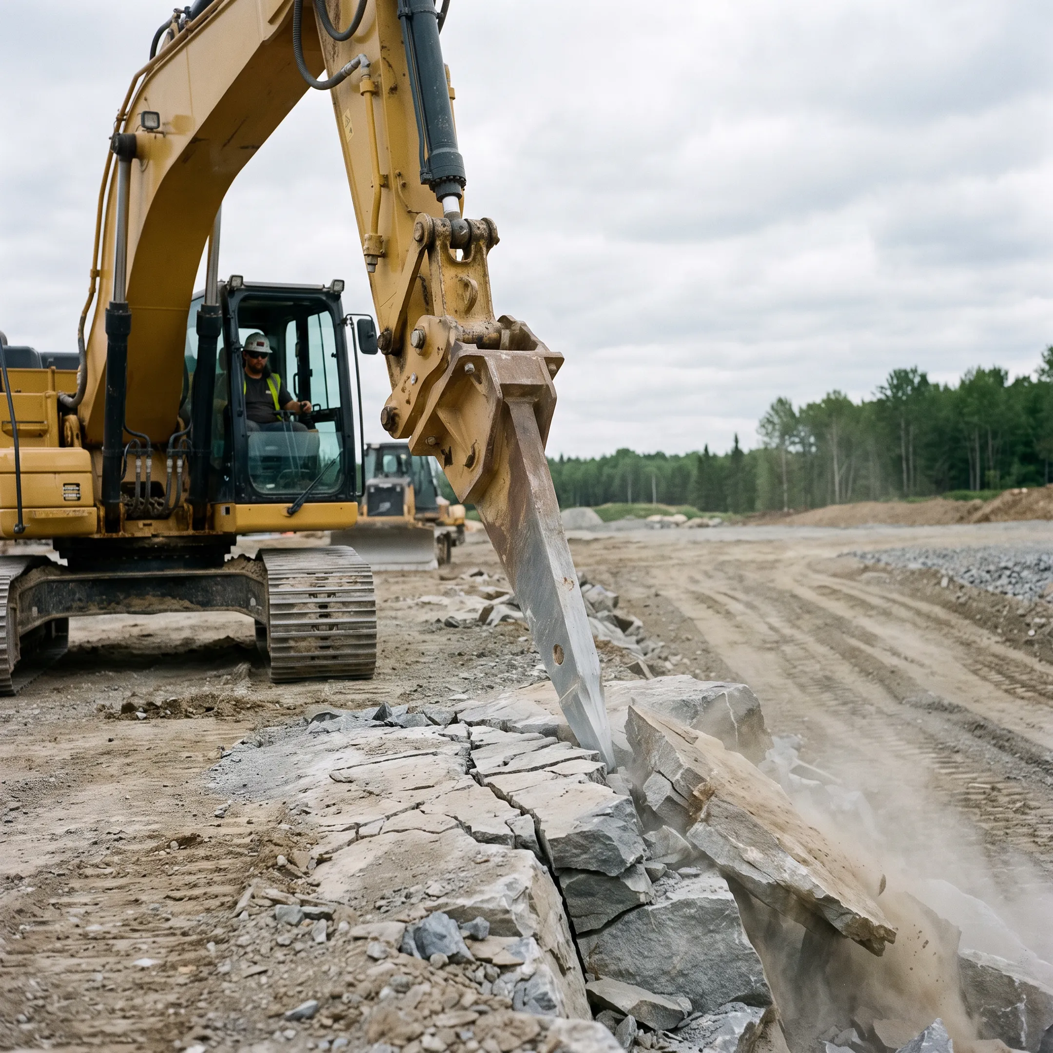 Excavator ripper breaking rock