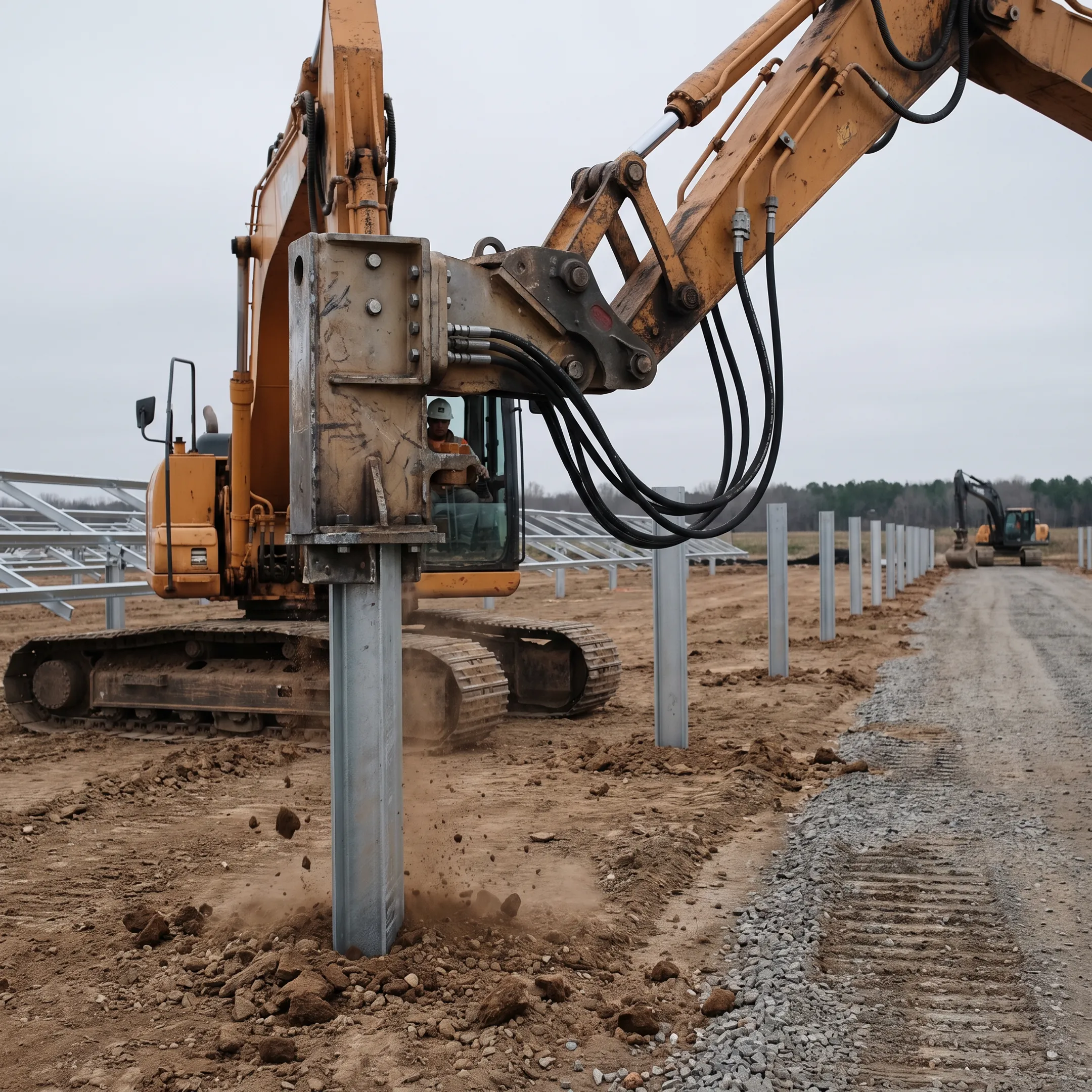 Solar farm construction using a pile driver