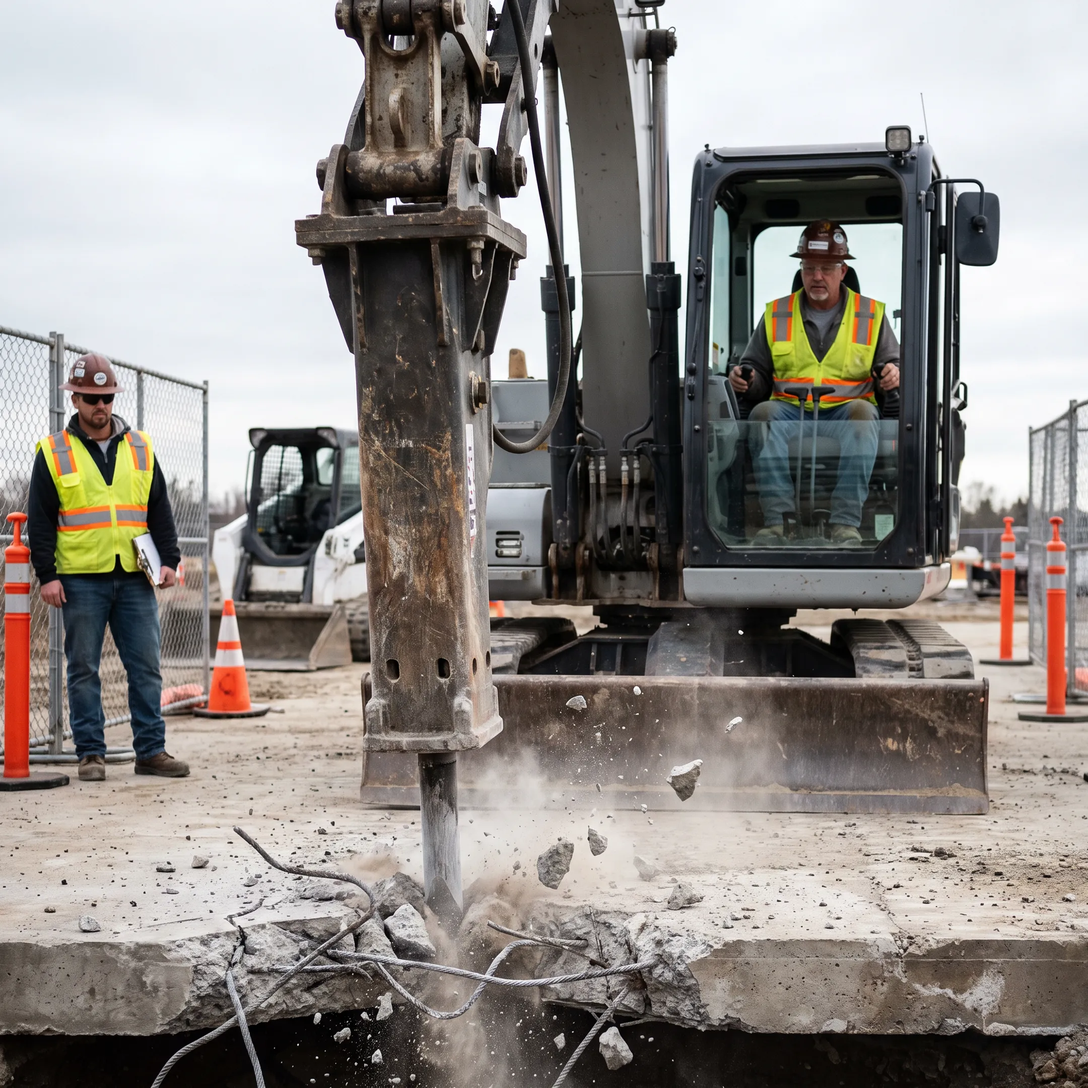Demolition contractors using hydraulic breakers