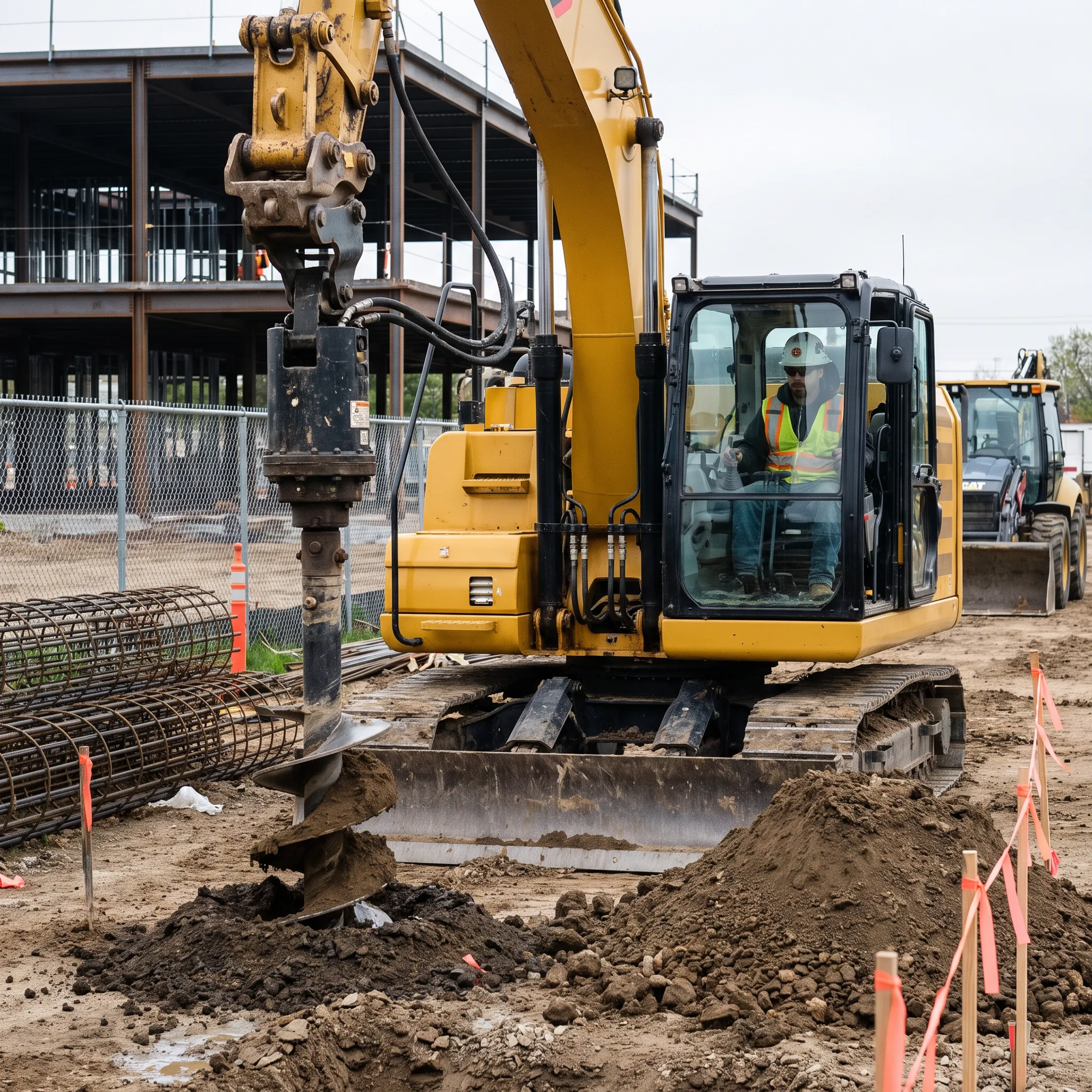 Foundation contractor using an excavator auger attachment