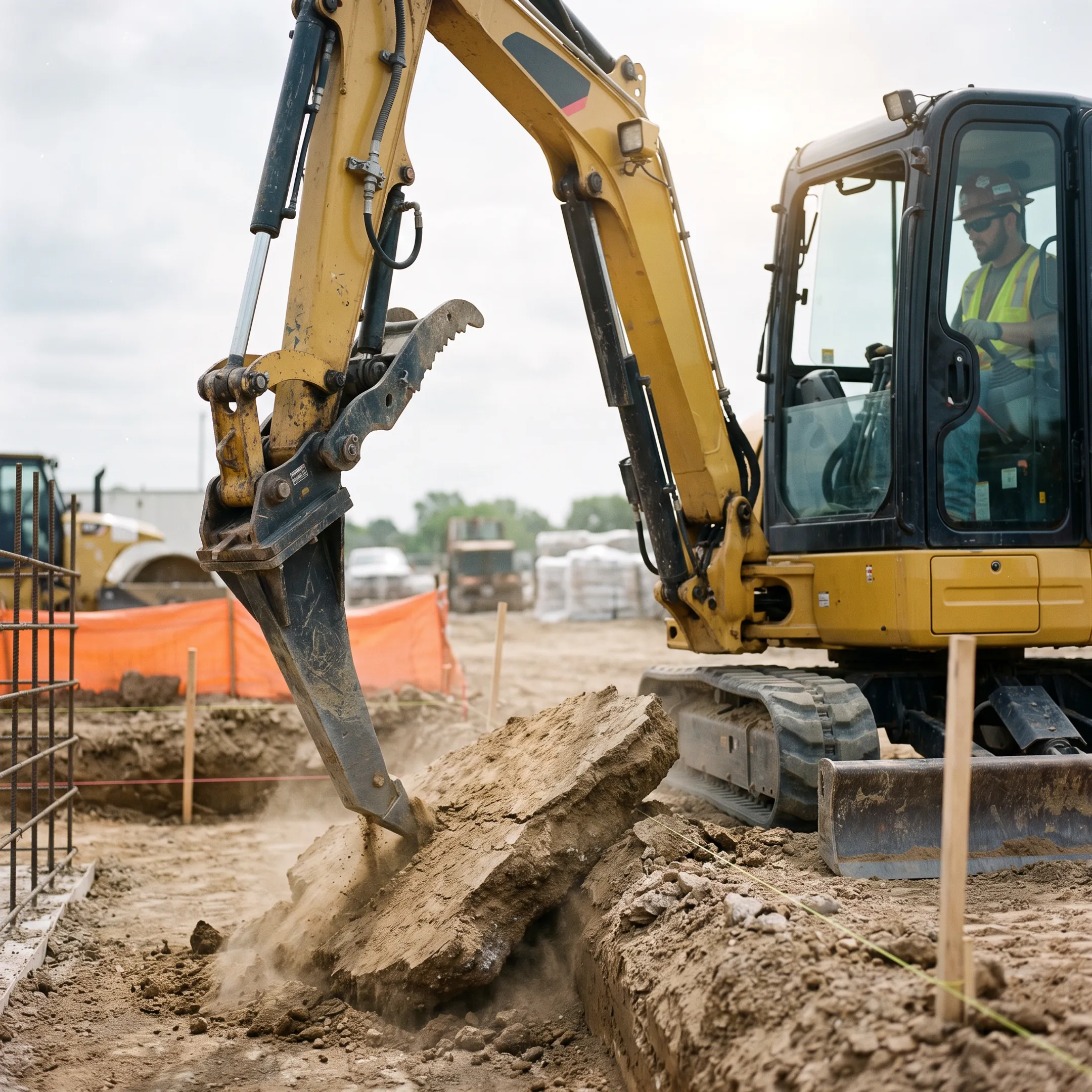 Foundation contractors using a ripper attachment