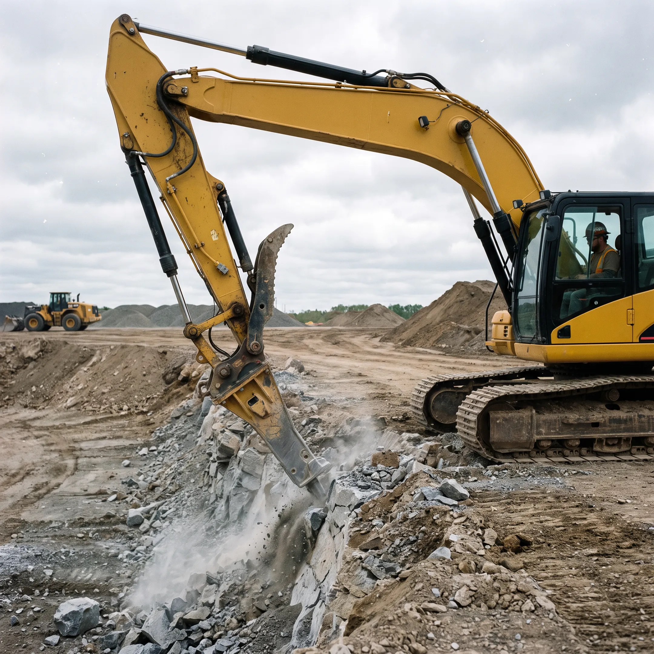 Rock breaking operation with a ripper attachment