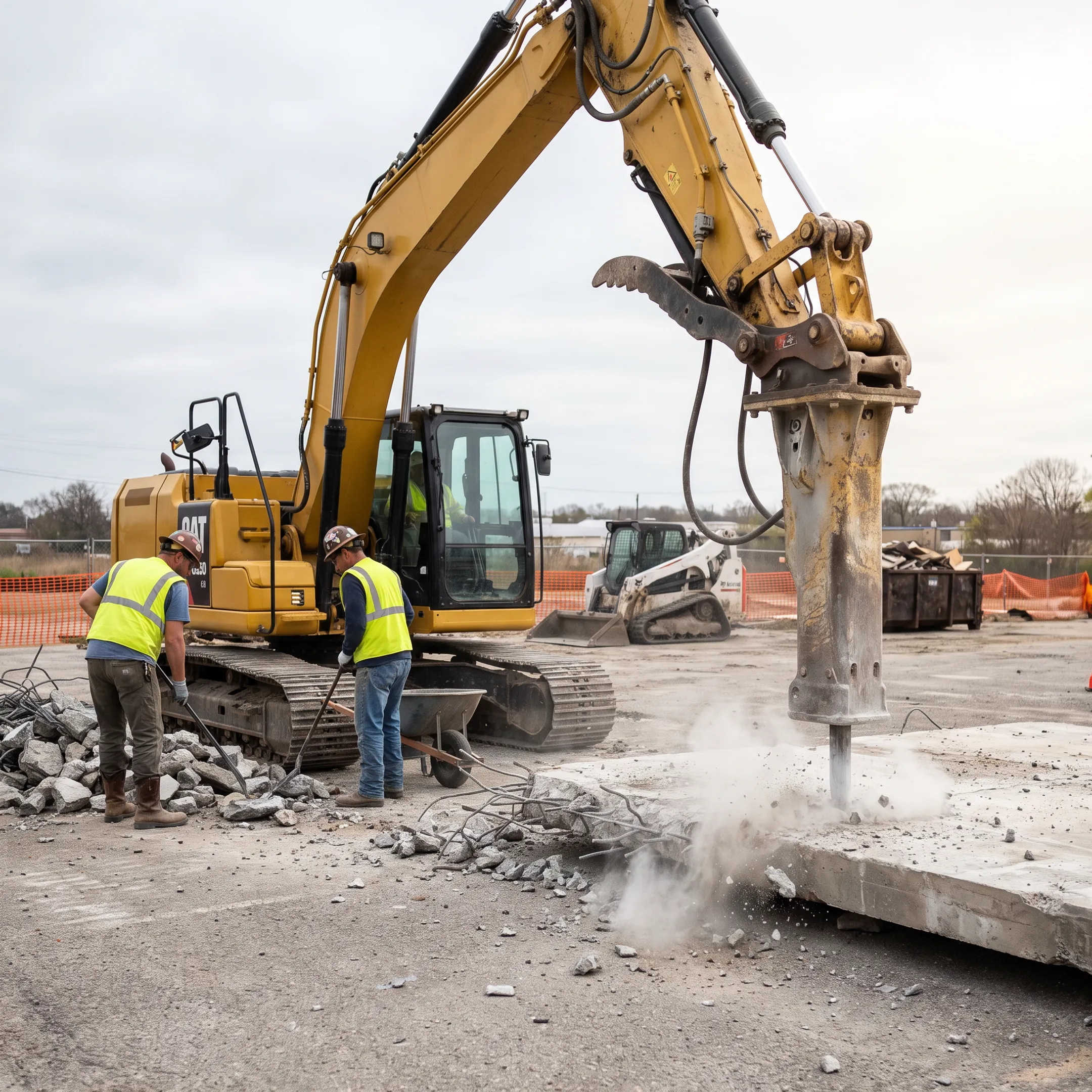 Demolition contractors using hydraulic rock breakers