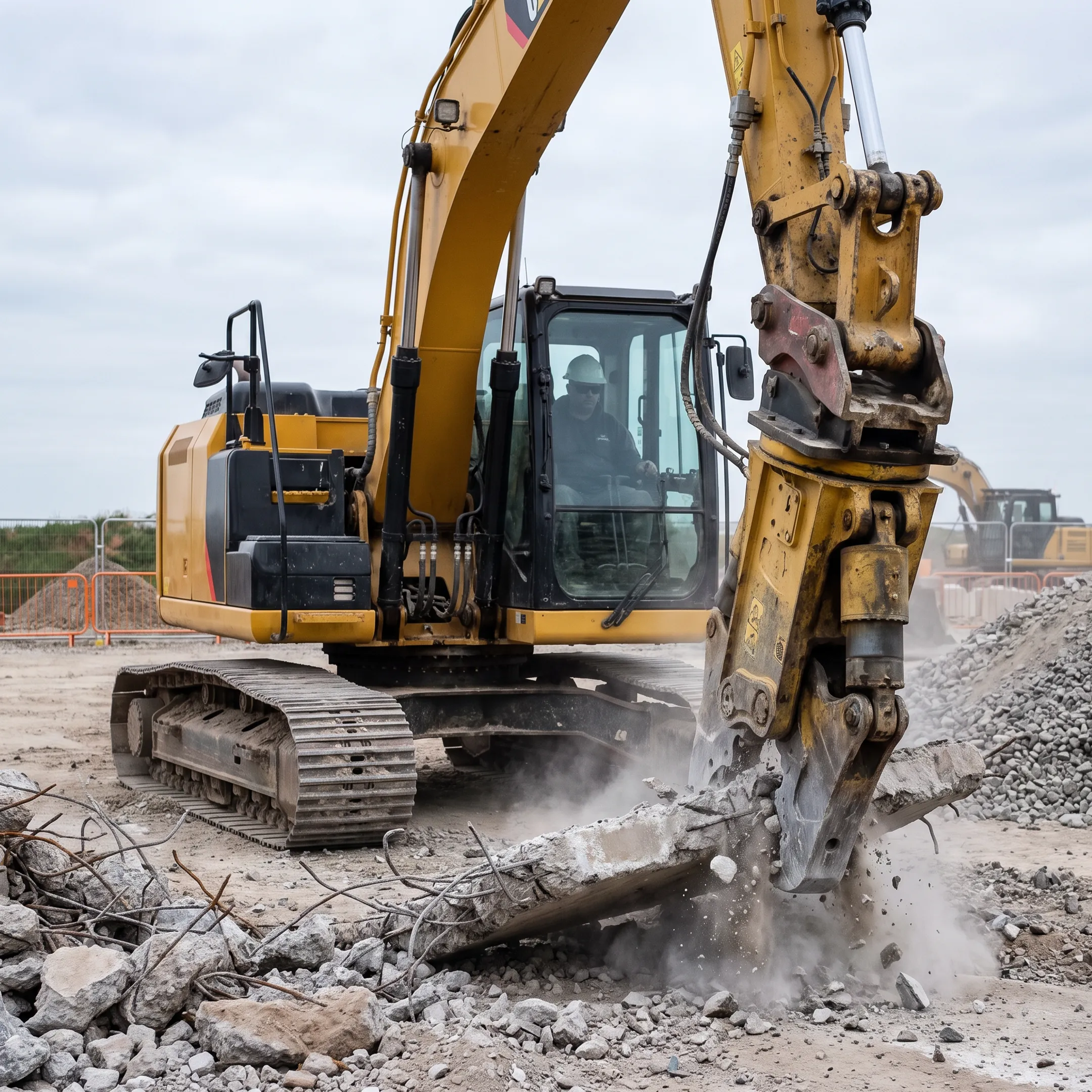 Concrete crushing operation with excavator