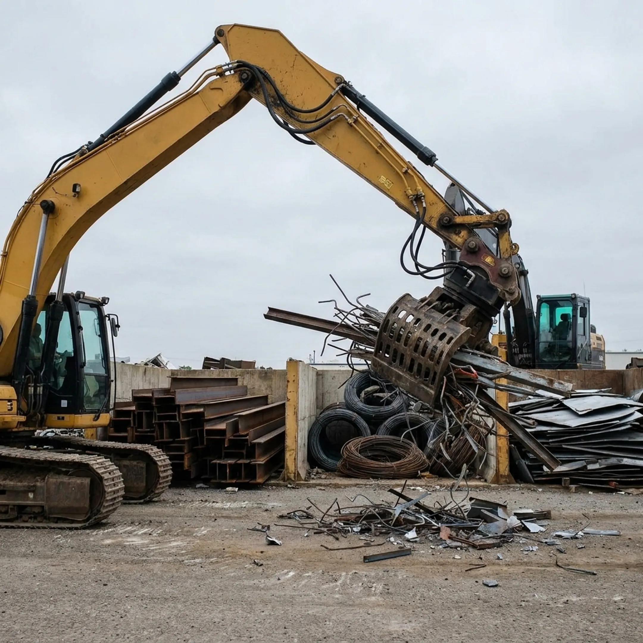 Hydraulic grapple handling scrap at a recycling yard