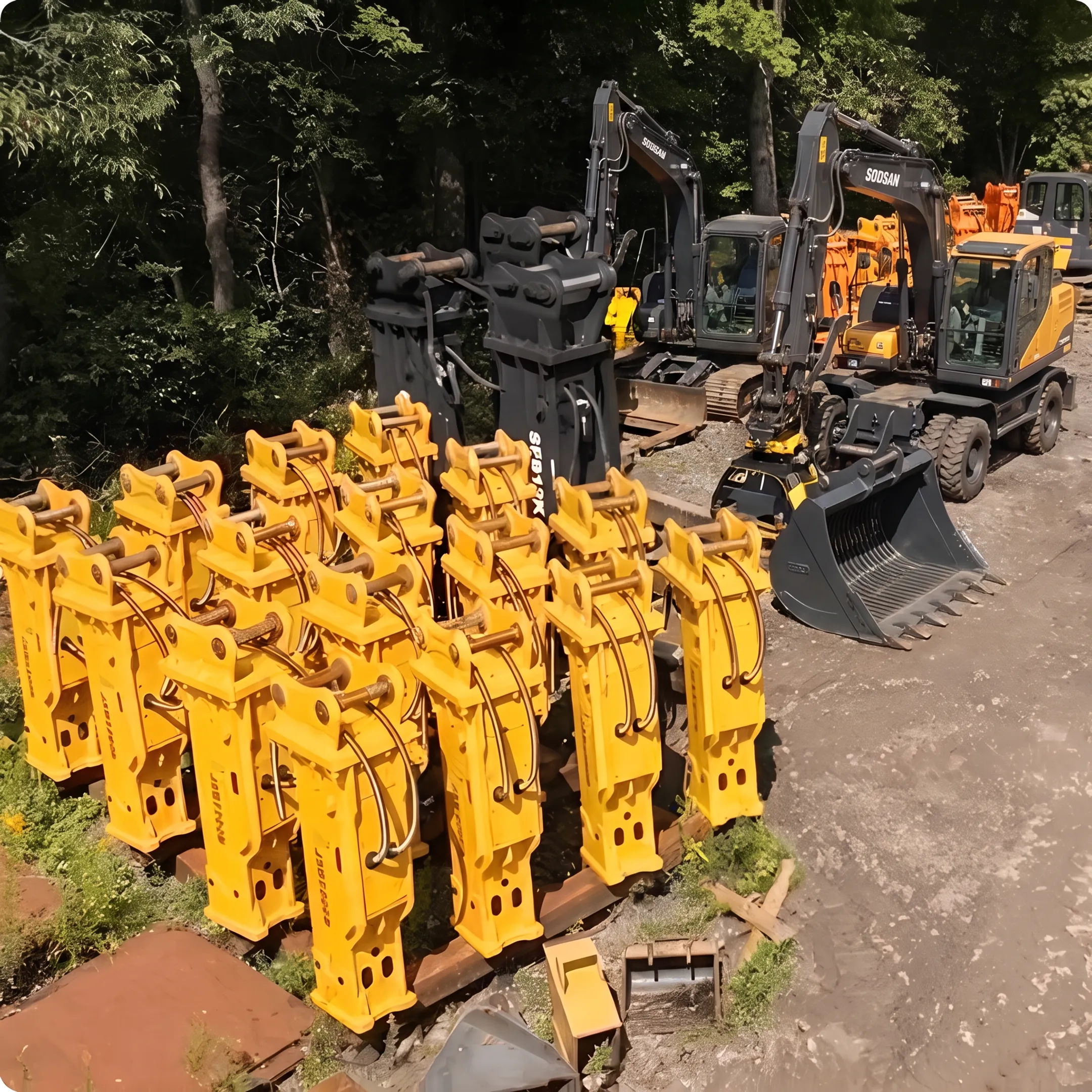 New and used heavy construction equipment and demolition attachments at an equipment yard