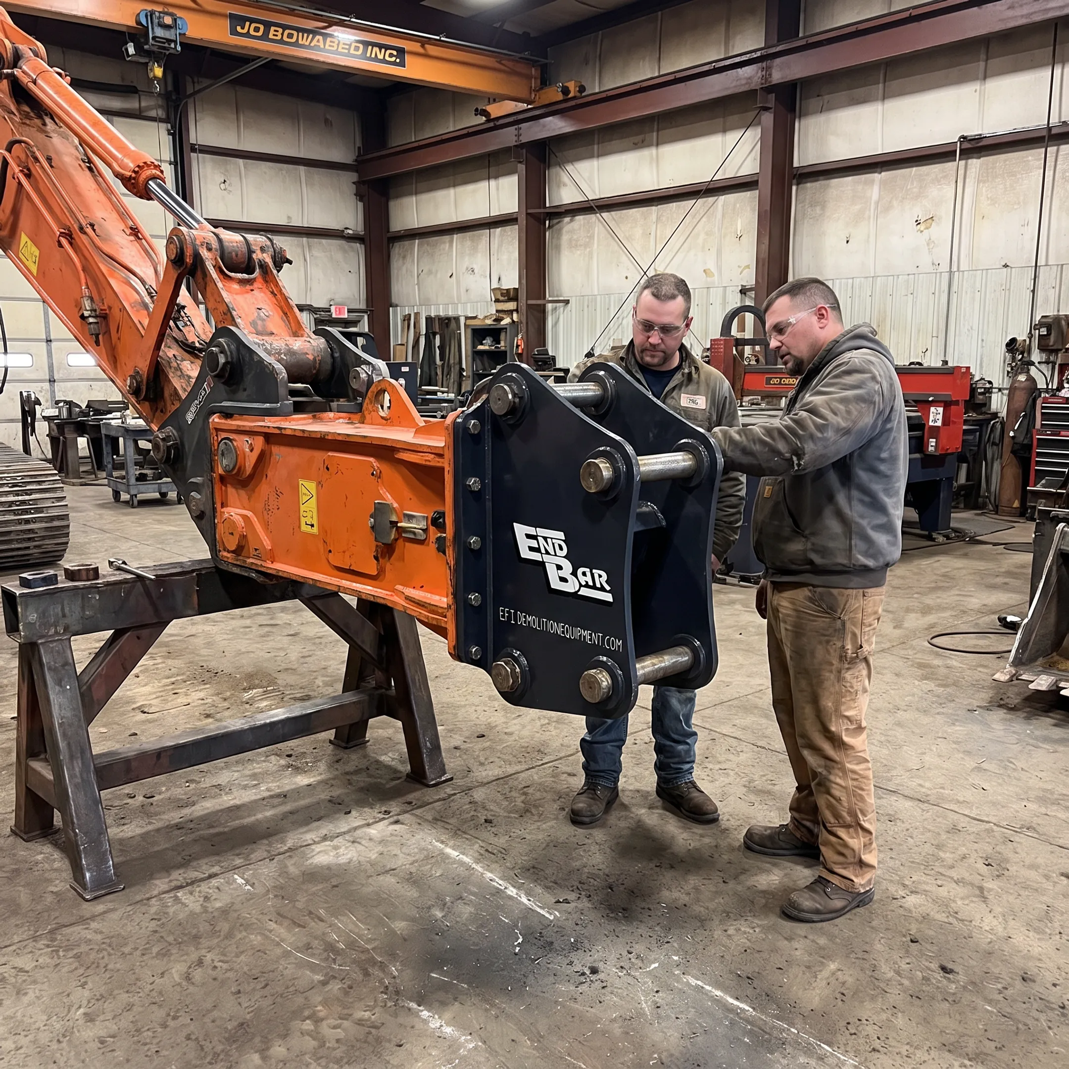 Technician fitting a demolition attachment to an excavator at an equipment facility