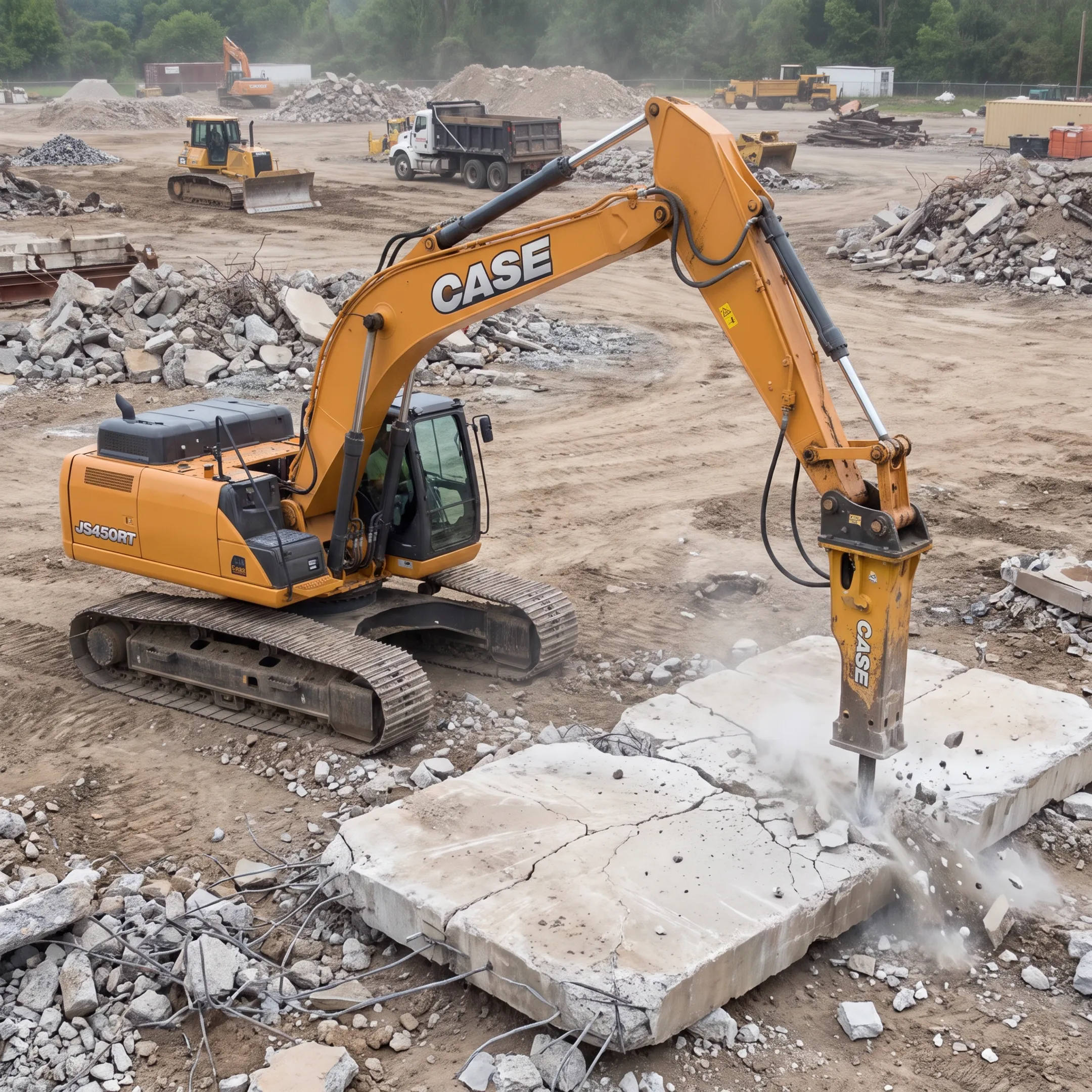 Excavator using a demolition attachment at a concrete job site