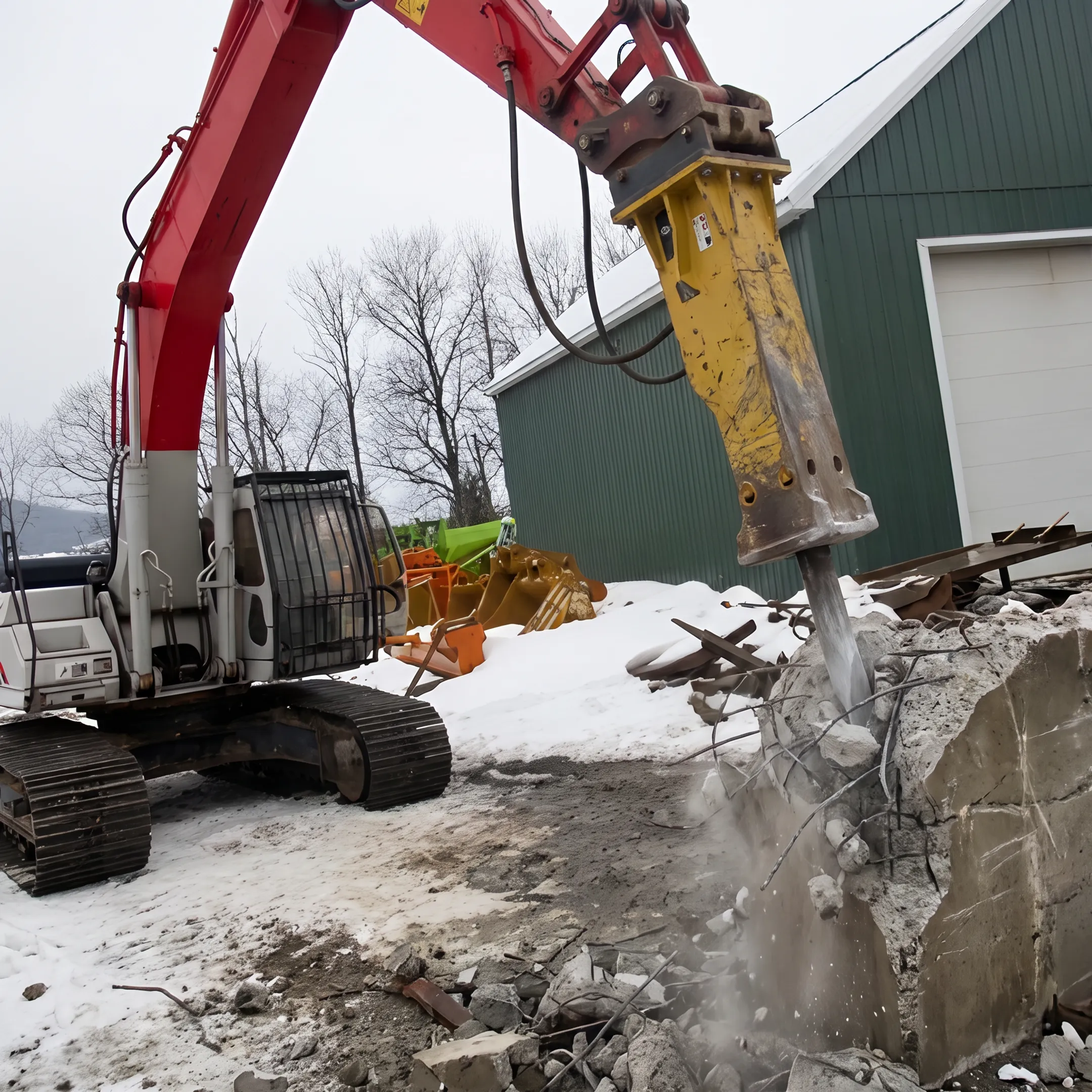 Excavator using a hydraulic breaker on concrete