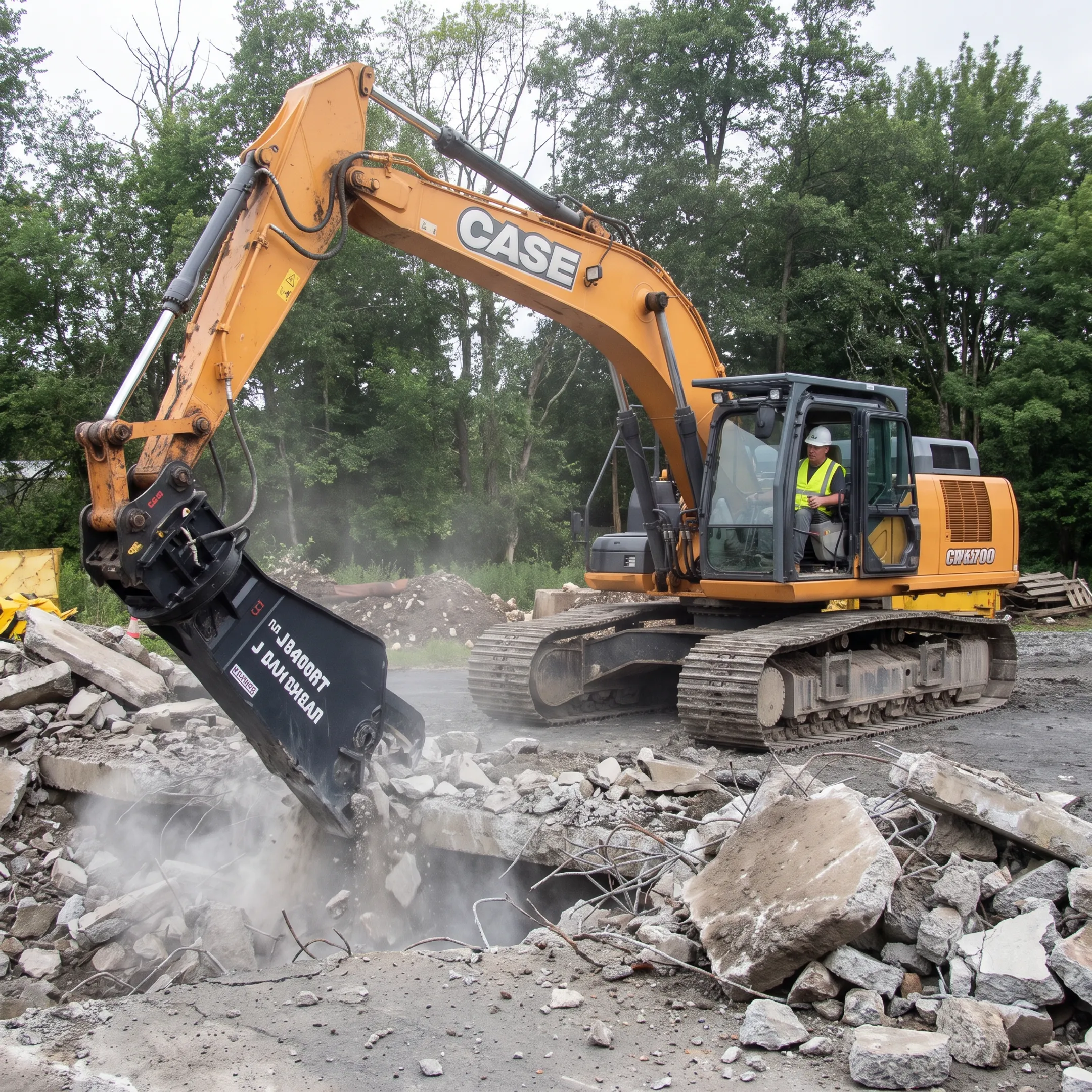 Excavator fitted with a demolition attachment at a construction site