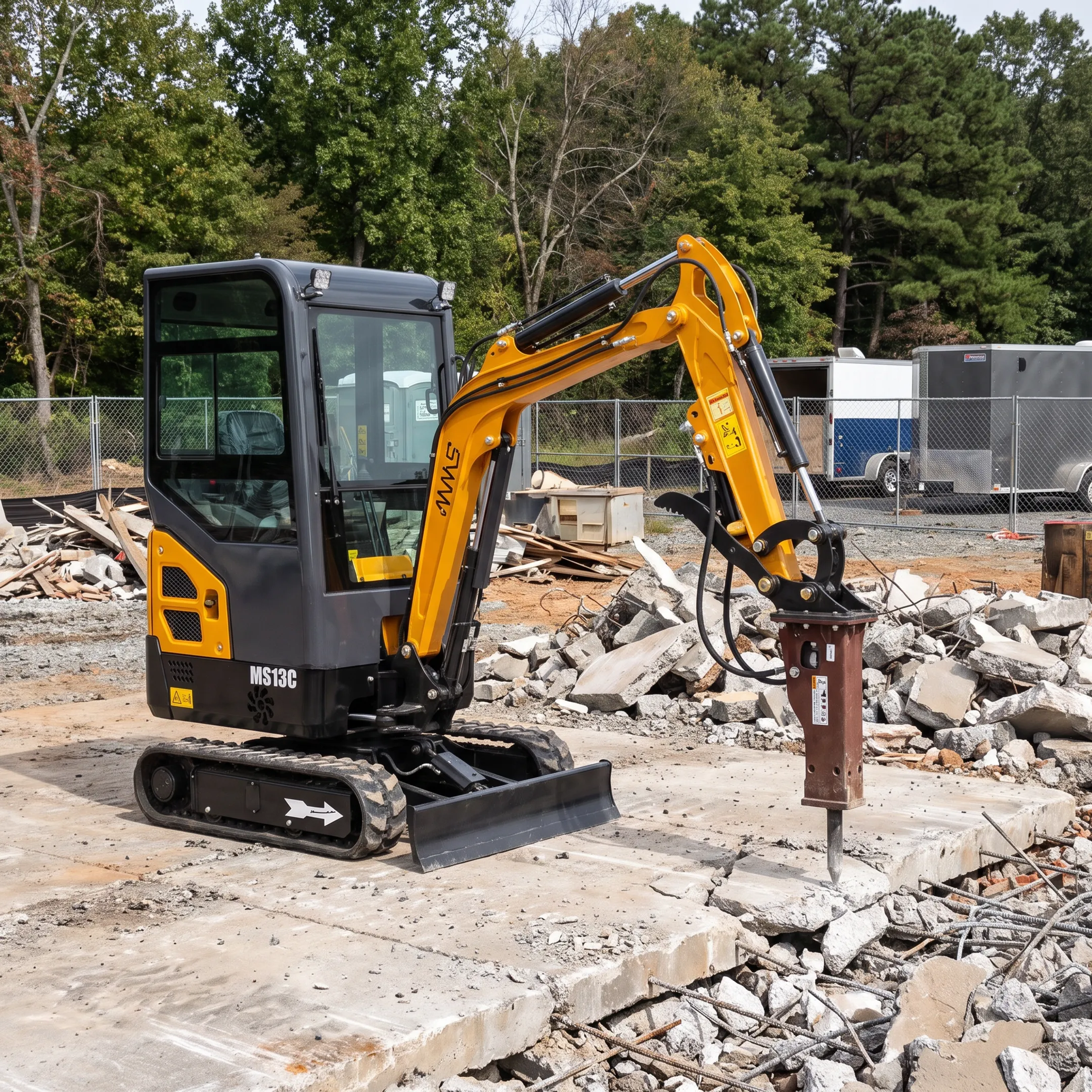 Rental mini excavator with fitted attachment at a worksite
