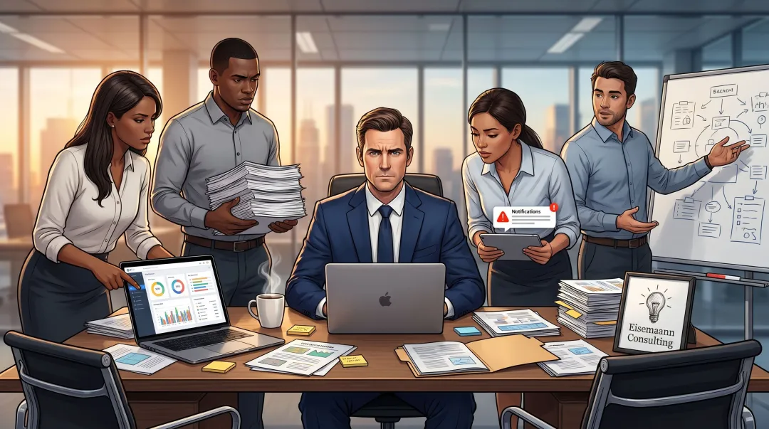 Overwhelmed CEO reviewing operational reports surrounded by team escalations and workflow issues