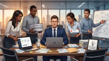 Overwhelmed CEO reviewing operational reports surrounded by team escalations and workflow issues