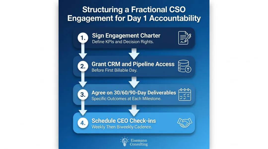 Four-step fractional CSO onboarding structure with milestones and accountability checkpoints