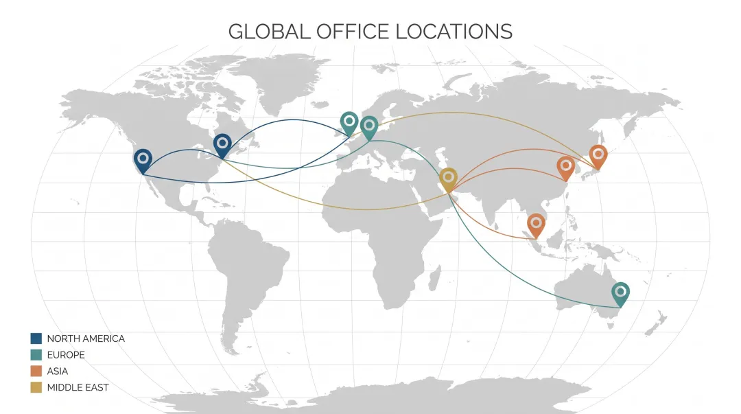 Global branding consultancy office network map spanning multiple continents and regions