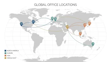 Global branding consultancy office network map spanning multiple continents and regions