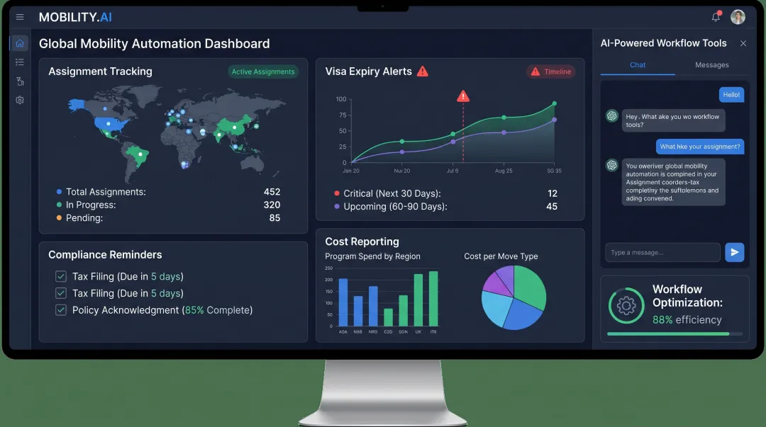 Global mobility AI automation dashboard displaying assignment tracking compliance alerts and cost reports