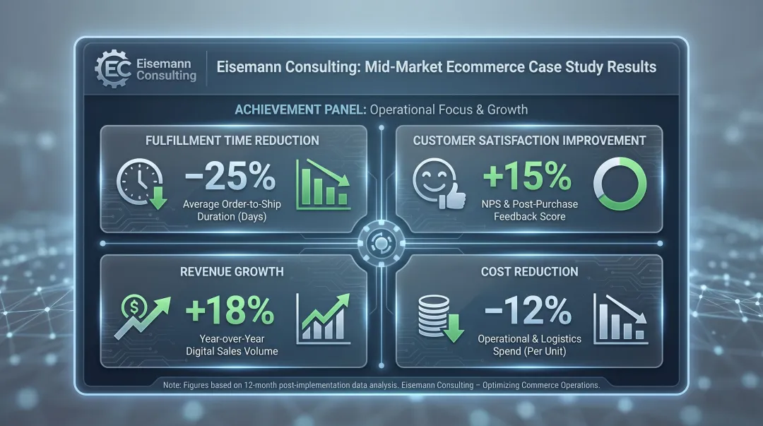 Eisemann Consulting ecommerce client results showing 3x revenue growth and fulfillment improvement