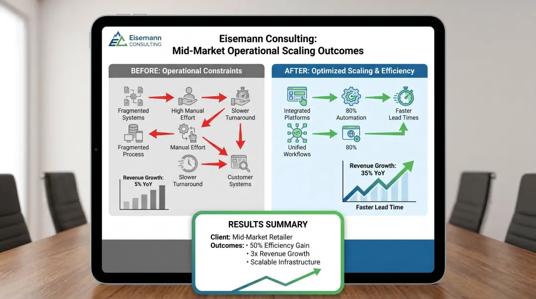 Mid-market e-commerce client achieving 3x revenue growth with same operational headcount