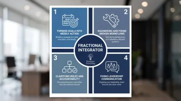 Four core functional areas of a fractional integrator role breakdown infographic