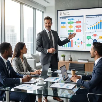 Consultant reviewing business process workflow with client team