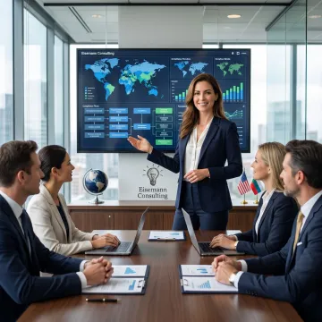 Consultant reviewing global mobility strategy with business team