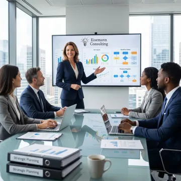 Consultant reviewing operations strategy with business team
