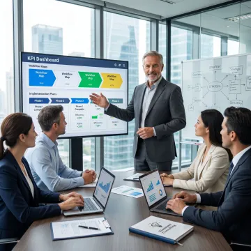 Operations consultant reviewing business systems with leadership team
