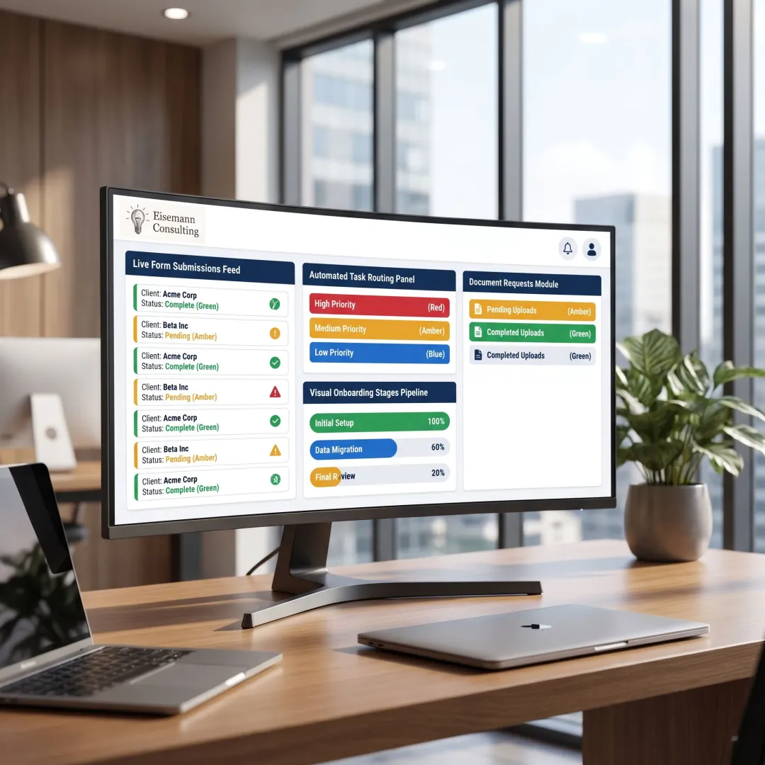 Automated intake workflow dashboard on a laptop