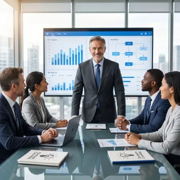 Digital consultant reviewing systems and growth strategy