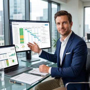 PMO consultant reviewing project dashboards