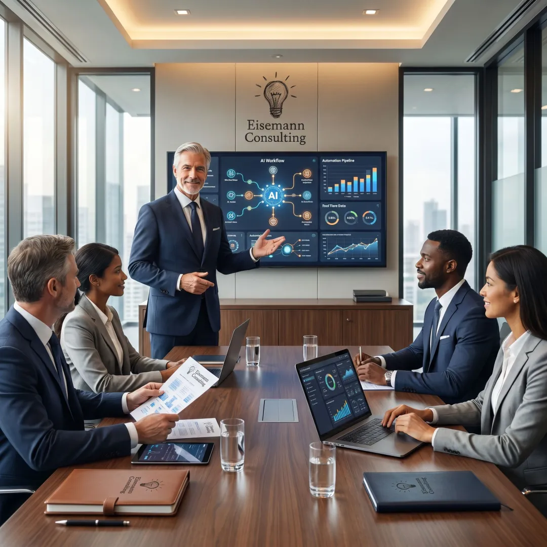 Business consultant reviewing AI workflow plans