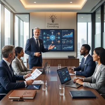 Business consultant reviewing AI workflow plans