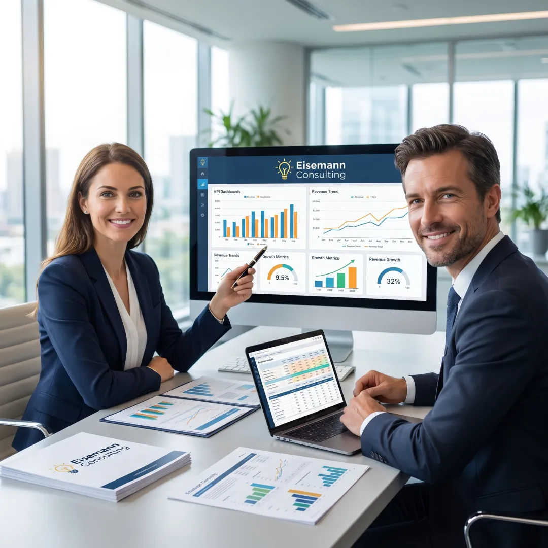 Consultant reviewing business performance metrics