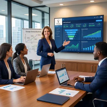 Sales consultant reviewing growth strategy and pipeline data