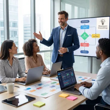 Consultant reviewing AI automation workflows with a business team
