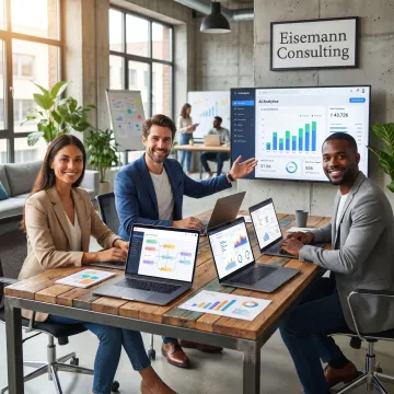 Startup team reviewing no-code AI automation dashboard