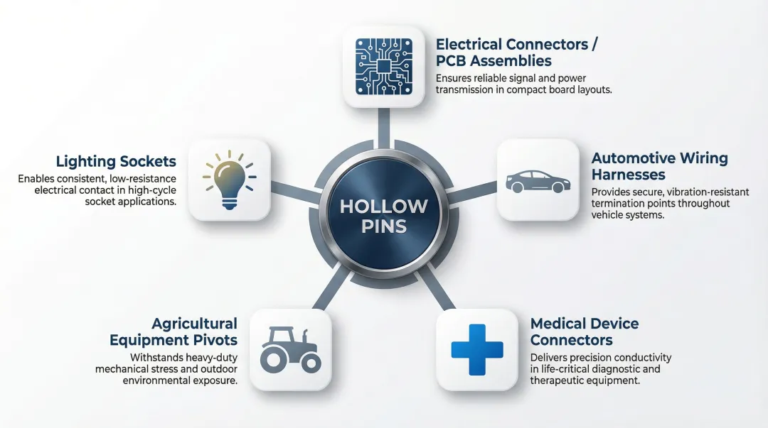 Hollow pin industrial applications across five key manufacturing sectors infographic