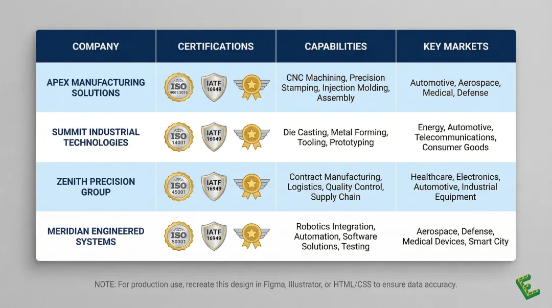 Top US hollow pin manufacturers comparison table by method certifications and industries served