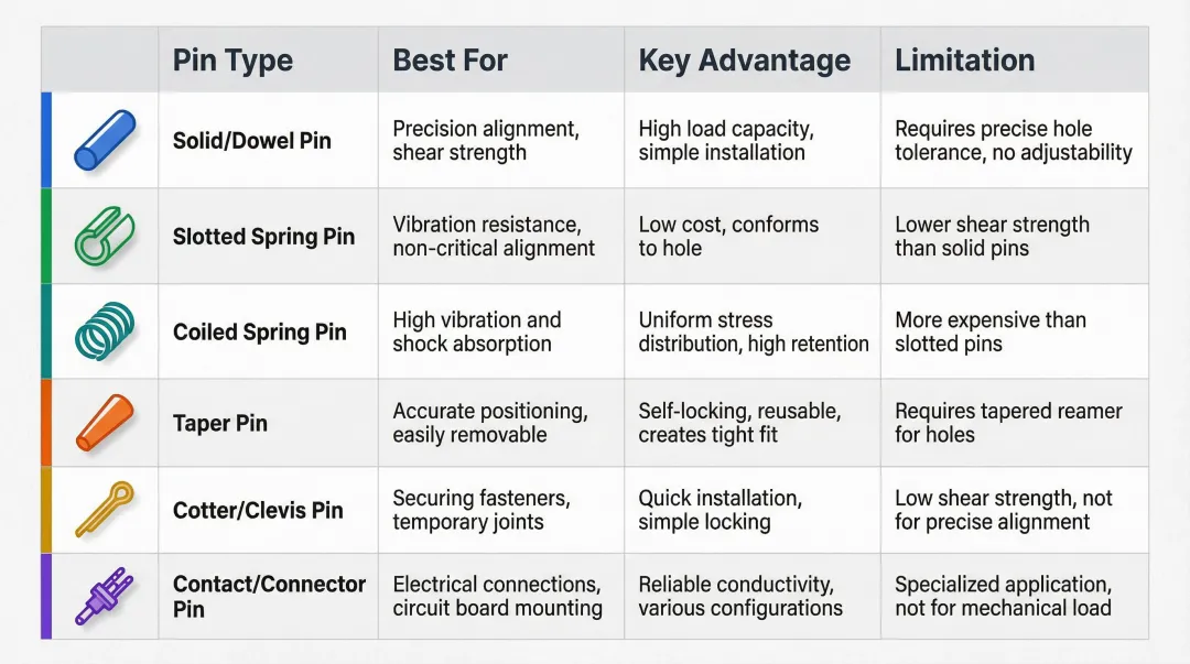 Six mechanical pin types comparison chart with best uses and key limitations