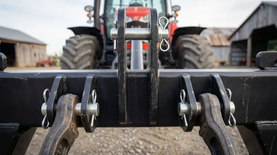 Heavy-duty farm equipment hitch linkage assembly with clevis and taper pins installed