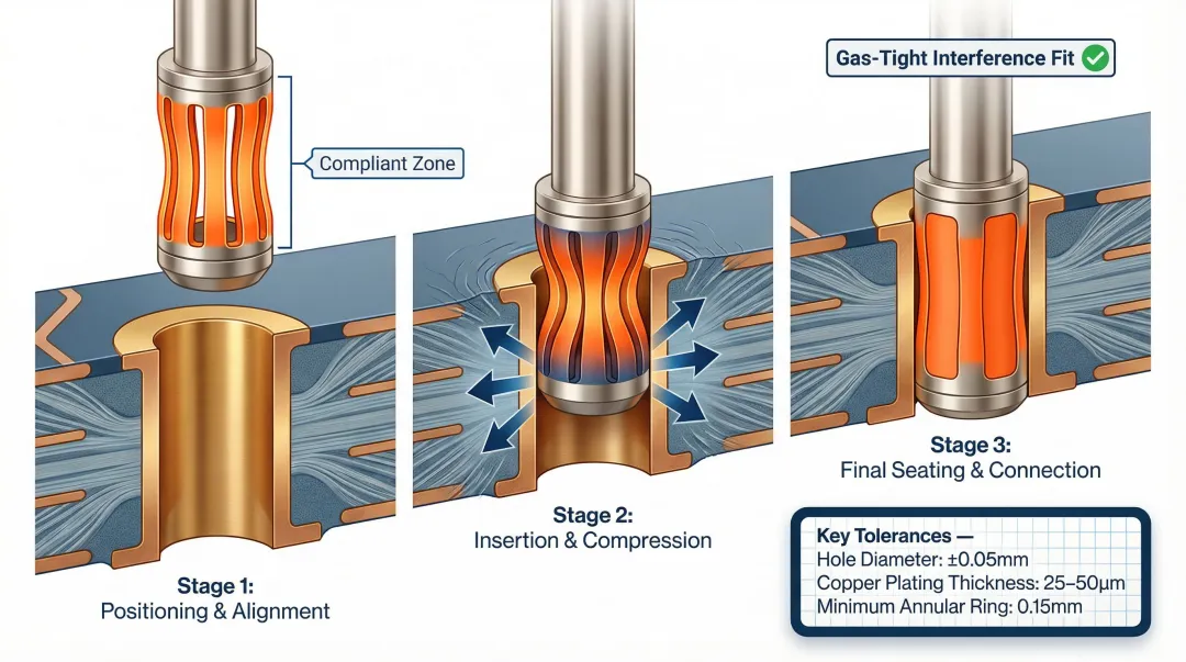 Press-fit pin compliant zone insertion process and plated through-hole tolerance specifications